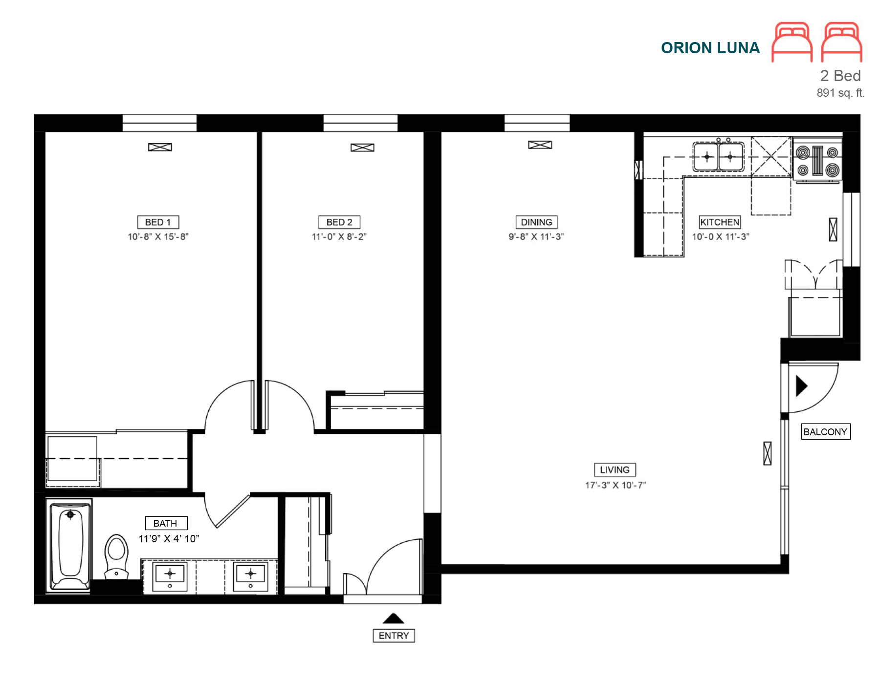 Floor plan for 2 beds, 1 bath, 891 sqft